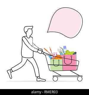 Illustrazione Vettoriale con l uomo porta un carrello con beni acquistati dal negozio. Voce maschile fuori shopping. Vendita di grandi dimensioni e di concetto di shopping. Illustrazione Vettoriale