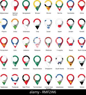 Flag sotto forma di un perno in Asia e nei paesi dell'Est con i loro nomi scritti sotto Illustrazione Vettoriale