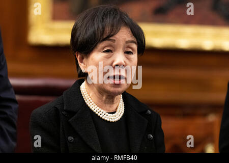 Rappresentante Doris Matsui, democratici della California, parla durante una pressa la disponibilità nella camera Rayburn del Campidoglio il 14 febbraio 2019. I membri sono preoccupati per il fatto che un'emergenza nazionale dichiarato dal Presidente Trump sarebbero necessari fondi dall'esercito di ingegneri. Credito: Alex Edelman/CNP /MediaPunch Foto Stock