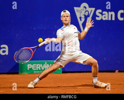 Buenos Aires, Argentina. 14 feb 2019. Locale preferito Diego Schwartzman (Argentina) avanza al prossimo round dell'Argentina aperto, un ATP 250 torneo di tennis. Credito: Mariano Garcia/Alamy Live News Foto Stock