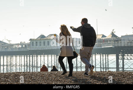 Brighton, Regno Unito. 15 Feb, 2019. Visitatori godetevi le calde giornate di sole sulla spiaggia di Brighton oggi come la previsione è per di più della stessa durante il fine settimana del credito: Simon Dack/Alamy Live News Foto Stock