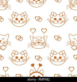 Seamless pattern con il muso di gatti in maschere di carnevale, bicchieri, tie, archi, lacci e cuori. Biglietto di auguri buon San Valentino. Backgr romantica Illustrazione Vettoriale