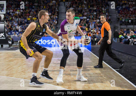 Madrid, Spagna. Xiv Feb, 2019. Kyle Wiltjer durante Iberostar Tenerife vittoria su Unicaja Málaga (88 - 78) in Copa del Rey 2019 gioco (quarti) celebrata a Madrid (Spagna) al centro Wizink. 14 febbraio 2019. Credito: Juan Carlos García Mate/Pacific Press/Alamy Live News Foto Stock