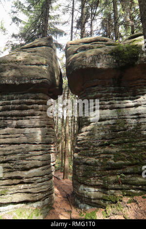 Bizzarre formazioni rocciose, Broumov pareti, PLA Broumovsko, Repubblica Ceca Foto Stock