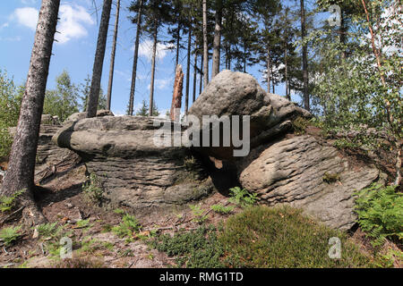 Bizzarre formazioni rocciose, Broumov pareti, PLA Broumovsko, Repubblica Ceca Foto Stock