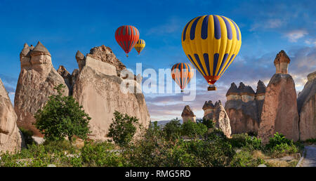 Foto e immagini di mongolfiere sopra il camino fata formazioni rocciose e pilastri di roccia di "Pasaba Valle" nei pressi di Goreme, Cappadocia, Nevsehir, Tu Foto Stock