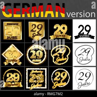 Impostare il numero di ventinove anni (29 anni) la celebrazione del design. Anniversario numero d'oro agli elementi del modello per la tua festa di compleanno. Tradotto da th Illustrazione Vettoriale