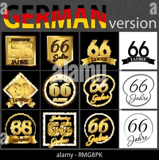 Impostare il numero di sessantasei anni (66 anni) la celebrazione del design. Anniversario numero d'oro agli elementi del modello per la tua festa di compleanno. Tradotto dal Illustrazione Vettoriale