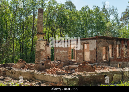 Edificio di mattoni dopo l'incendio. Rimane del camino. Foto Stock