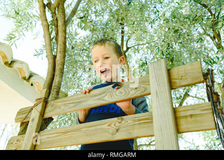 Bambino divertente sventolare sulla parte superiore della sua casa sulla struttura in legno su un albero di olivo, godendo della sua infanzia. Foto Stock