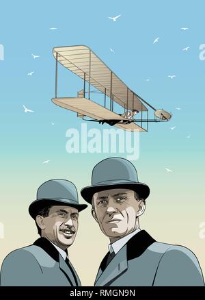 Fratelli Wright ritratto in linea tecnica illustrazione. Primo aereo inventori. Illustrazione Vettoriale