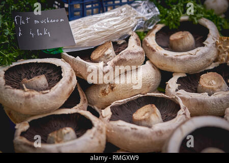 Diverse specie di marrone e bianco di funghi in vendita su una verdura in stallo un allevatore locale mercato. Formato orizzontale. Foto Stock