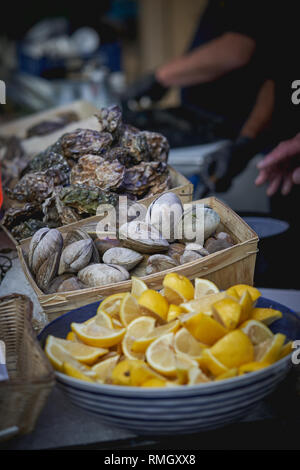 Materie ostriche e frutti di mare in vendita presso un pescivendolo stallo in un mercato locale. Formato verticale. Foto Stock