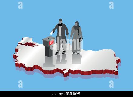 Religiosa musulmana elettori votano per elezioni turche oltre la Turchia mappa. Tutti gli oggetti, le ombre e lo sfondo sono in diversi strati. Illustrazione Vettoriale