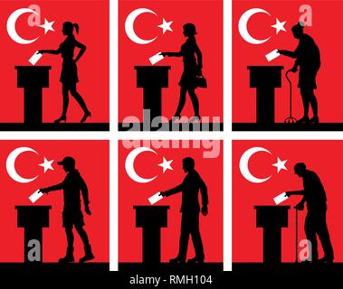 I cittadini turchi votare alle elezioni in Turchia. Tutti gli oggetti di silhouette e gli sfondi sono in diversi strati. Illustrazione Vettoriale