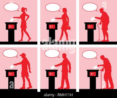 I cittadini turchi di voto per elezioni in Turchia con un discorso bolla. Tutti gli oggetti di silhouette e gli sfondi sono in diversi strati. Illustrazione Vettoriale