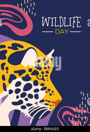 Felice giorno della fauna selvatica illustrazione. Wild leopard con abstract giungla africana decorazione per la cura degli animali e la conservazione. Illustrazione Vettoriale