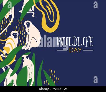 Felice giorno della fauna selvatica illustrazione. Le scimmie selvatiche con la giungla africana decorazione per la cura degli animali e la conservazione. Illustrazione Vettoriale