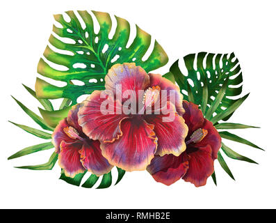 Acquerello estate design tropicale per banner o un volantino con esotiche palme, fiori di ibisco Foto Stock