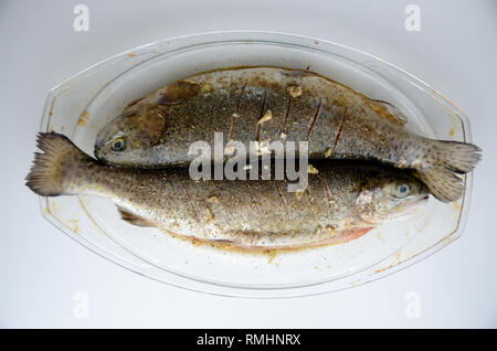 Due pesci, trote fresche sul piatto resistente al calore preparato per la cottura. Pesci con spezie, aglio, zenzero e salsa di soia. Foto Stock