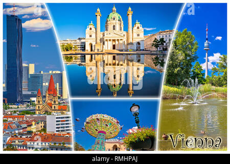 Cartolina di Vienna città architettura e natura vista con etichetta, capitale dell'Austria Foto Stock