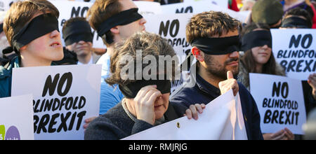 Blind piegato manifestanti hanno visto con cartelli durante la protesta. Centinaia di voto popolare sostenitori indossavano blindfolds presso la piazza del Parlamento in vista del dibattito in Aula di Commons protestando che la trattativa Brexit fornirebbe alcuna chiarezza e nessuna chiusura del Regno Unito circa le future relazioni con l'Europa. Foto Stock