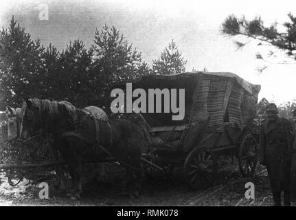 Un carro di rifugiati che sono arrivati sulla Vistola Spit dopo la fuga oltre la Vistola laguna. All'inizio di febbraio 1945, i rifugiati cercano di fuggire attraverso il ghiaccio della Vistola Laguna per la Vistola sputare per raggiungere la costa del Mar Baltico di Danzica. La foto è stata scattata da Theodor Vonolfen, un soldato di una unità della Luftwaffe, distribuito a quel tempo. Foto Stock