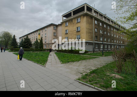 Una vista di vecchi caseggiati e panorami di Nowa Huta, un socialista pianificata nella città di Cracovia in Polonia. Foto Stock