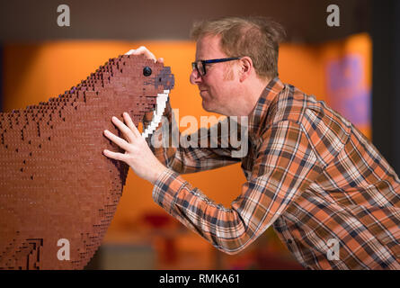 Il tecnico Alistair MacKillop con un mattone Lego modello dell'Horniman Museum la famosa 'morbidissima trichechi", fatta di oltre diecimila mattoncini Lego, parte del " Brick Wonders' Exhibition, che si apre al Horniman Museum, nel sud di Londra nel febbraio 16th. Foto Stock