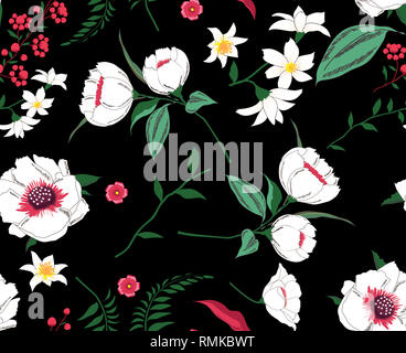 Elegante motivo floreale in molti tipi di fiori. Tropical motivi botanici sparsi in modo casuale. Seamless texture vettoriali Foto Stock