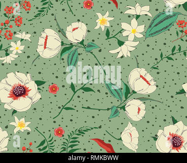Elegante motivo floreale in molti tipi di fiori. Tropical motivi botanici sparsi in modo casuale. Seamless texture vettoriali Foto Stock