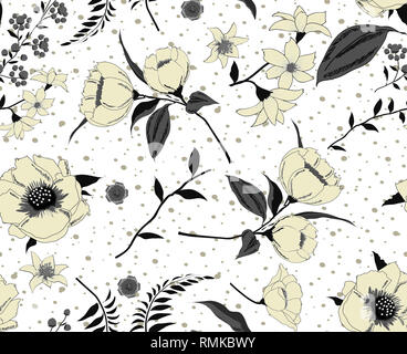 Elegante motivo floreale in molti tipi di fiori. Tropical motivi botanici sparsi in modo casuale. Seamless texture vettoriali Foto Stock