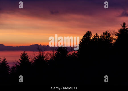 Alberi sagome contro un colore bellissimo cielo al tramonto, con montagne di strati in background Foto Stock