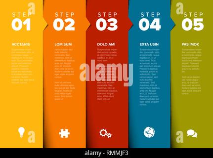 Uno due tre quattro cinque - vettore Blocco di avanzamento fasi modello con le descrizioni e le icone Illustrazione Vettoriale