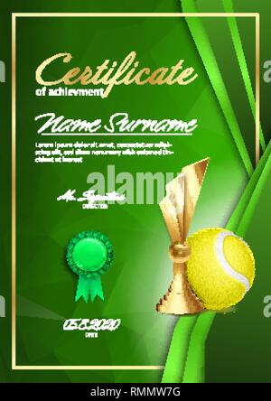 Tennis Diploma certificato con Golden Cup vettore. Sport Award modello. Conseguimento di Design. Onore dello sfondo. A4 verticale. Illustrazione Illustrazione Vettoriale