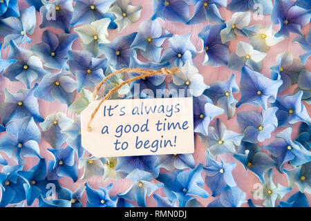 Etichetta con il preventivo in inglese è sempre un buon momento per iniziare. Piatto di laici Hydrangea Blossoms. Foto Stock