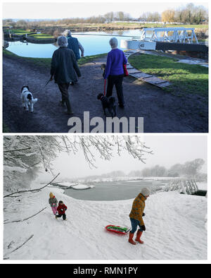 Un composito foto che mostra la gente camminare a fianco dei cancelli di blocco a Caen Hill si blocca nel Wiltshire su 15/02/19 (superiore) e la stessa posizione di due settimane fa il 01/02/19 (fondo) ricoperto da una coltre di neve. Forecasters hanno previsto un altro giorno di tempo caldo il venerdì dopo unseasonably clima mite ha visto il più caldo il giorno di San Valentino in più di venti anni il giovedì con un massimo di 16.1C (61F) registrate nella cittadina gallese di Bala, Gwynedd. Foto Stock