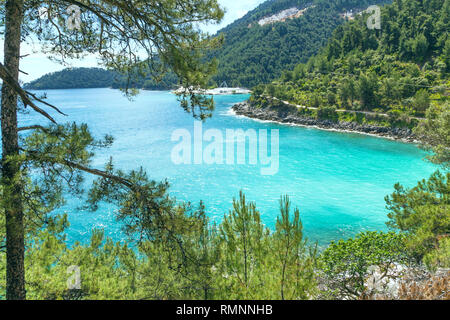 La vacanza estiva in background aka Saliara marmo baia spiaggia vista aerea con acque turchesi e pini di Thasos Island, Grecia Foto Stock