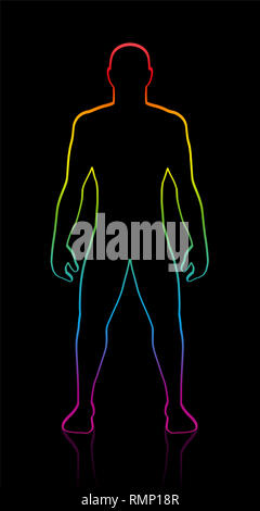 Corpo maschio forma di muscolare, atletico, giovane. Arcobaleno colorato di gradiente silhouette. Illustrazione di contorno su sfondo nero. Foto Stock