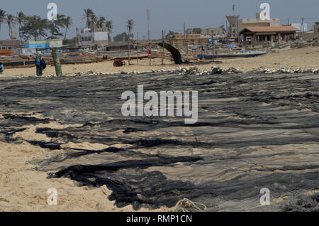 Le reti da pesca utilizzato nella pesca alacce esteso a secco nella spiaggia di Kayar, Senegal Africa occidentale Foto Stock