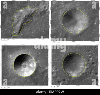 (190216) -- PECHINO, febbraio 16, 2019 (Xinhua) -- Combo foto mostra le immagini di una collina chiamata Mons Tai (top L) e tre crateri Tianjin superiore (R), Zhinyu inferiore (L) e Hegu inferiore (R) vicino a 'Statio Tianhe', il sito di atterraggio della Cina al Chang'e-4 sonda lunare. Il sito di atterraggio della Cina al Chang'e-4 sonda lunare è stato denominato 'Statio Tianhe' dopo la navicella spaziale ha reso il primo atterraggio morbido sul lato lontano della luna il mese scorso. Il sito di atterraggio della Cina al Chang'e-4 sonda lunare è stato denominato 'Statio Tianhe' dopo la navicella spaziale ha reso il primo atterraggio morbido sul lato lontano della luna ultimo Foto Stock