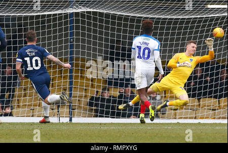 Southend, Regno Unito, 16 febbraio 2019. Simon Cox di Southend United punteggi lati il suo obiettivo di stabilizzazione per rendere il punteggio 3-3 e il suo hat trick durante il Cielo lega Bet One match tra Southend United e Portsmouth a radici di massa Hall, Southend, in Inghilterra il 16 Feb 2019. Azione di Credito Foto Sport Credit: Azione Foto Sport/Alamy Live News Foto Stock