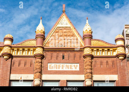 Guthrie, Oklahoma, Stati Uniti d'America - 19 gennaio 2017. Elemento del design esterno di Gaffney edificio in Guthrie, OK. Foto Stock