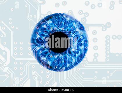 Intelligenza artificiale, immagine concettuale. Iris con scheda di circuito. Foto Stock