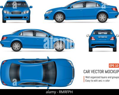 Auto blu mockup del vettore per il branding del veicolo, pubblicità, corporate identity. Modello di isolato di realistica sedan su sfondo bianco Illustrazione Vettoriale