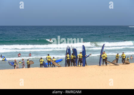 Gli studenti di Manly Surf School schierate sulla spiaggia Foto Stock