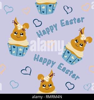 Modello di cute con il coniglietto di pasqua in cupcake. Kawaii style, eps 10 Illustrazione Vettoriale