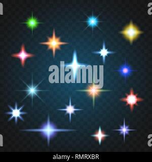 Abbagliamento, evidenziare set. Raccolta di razzi lente diversi colori. Illustrazione Vettoriale