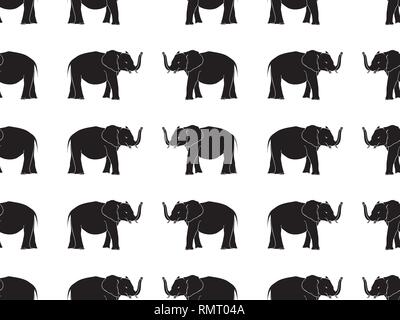 Modello senza cuciture con disegnati a mano sagome di elefante illustrazione vettoriale. Nero su sfondo bianco. Illustrazione Vettoriale