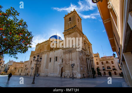 Elche, Alicante, Spagna; Febbraio 2017: vista della Basilica di Santa Maria nel centro storico della città di Elche Foto Stock